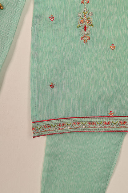 TKF-134-Sea Green - Kids 3Pc Ready to Wear Embroidered Slub Cotton Dress