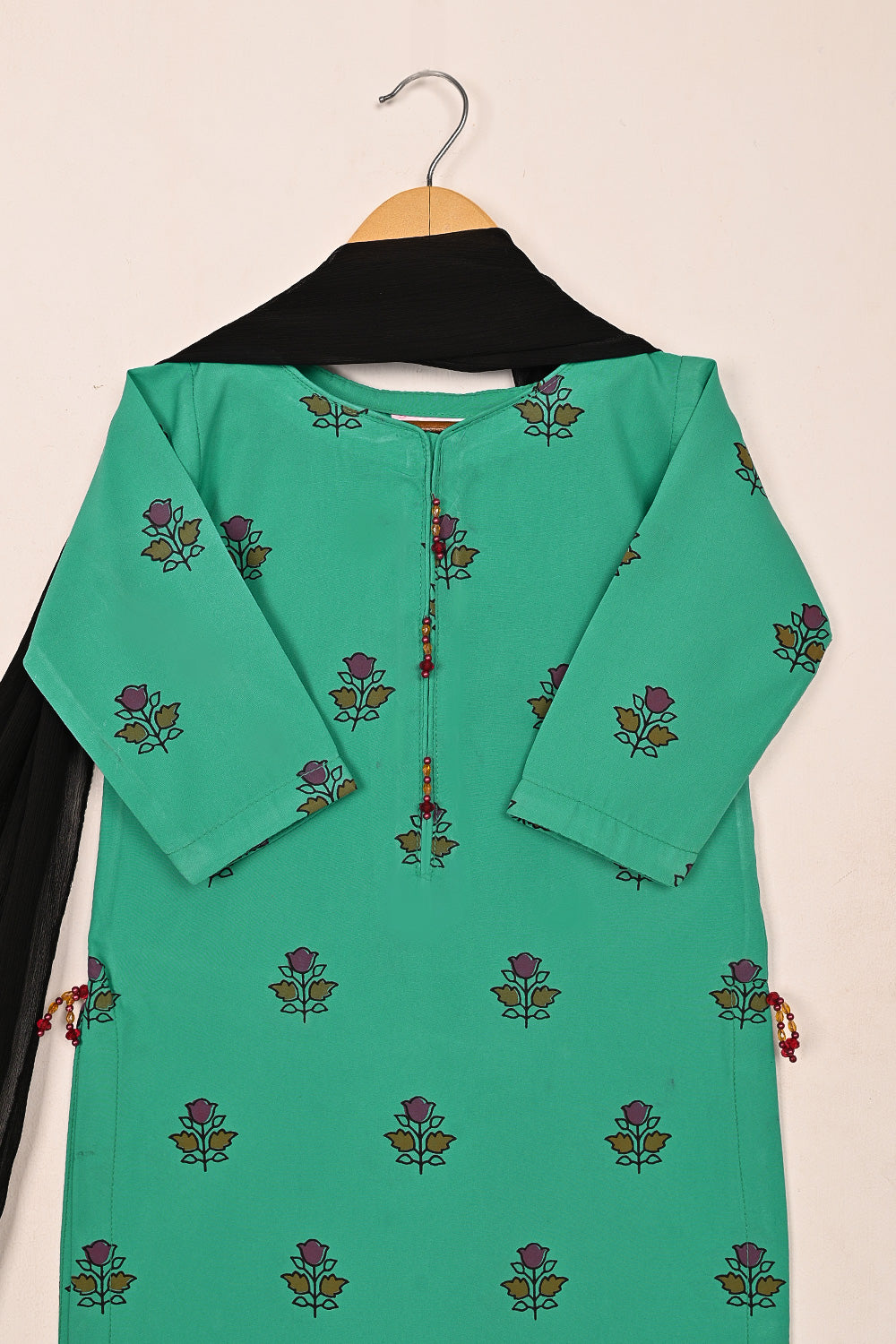 TKF-188-Sea Green - Kids 3Pc Ready to Wear Silk Printed Dress