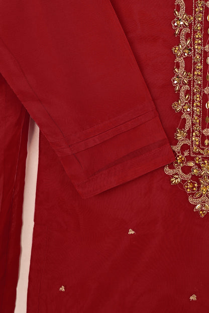 RTW-248-Red - 3Pc Ready to Wear Embroidered Premium Adda Work Organza Dress