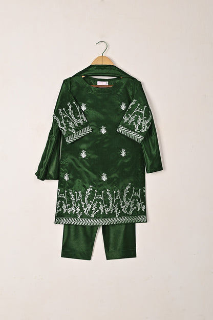 TKF-272-Bottle Green - Kids 3Pc Ready to Wear Silk Embroidered Dress