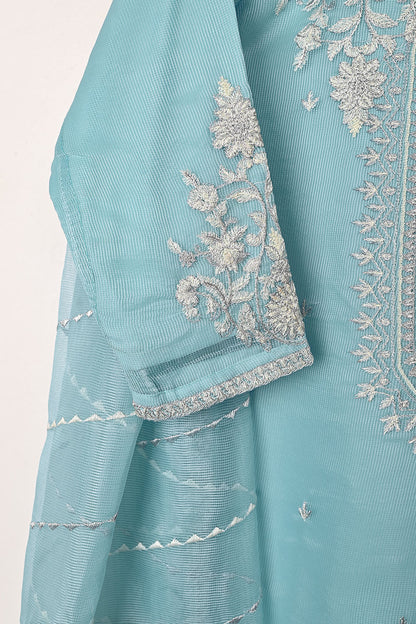 RTW-192-SkyBlue - 3Pc Ready to Wear 3Pc Javeria Net Embroidered  Dress