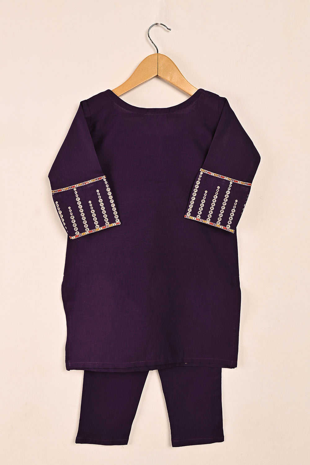 TKF-129-Purple- Kids 2Pc Cambric Embroidered Dress