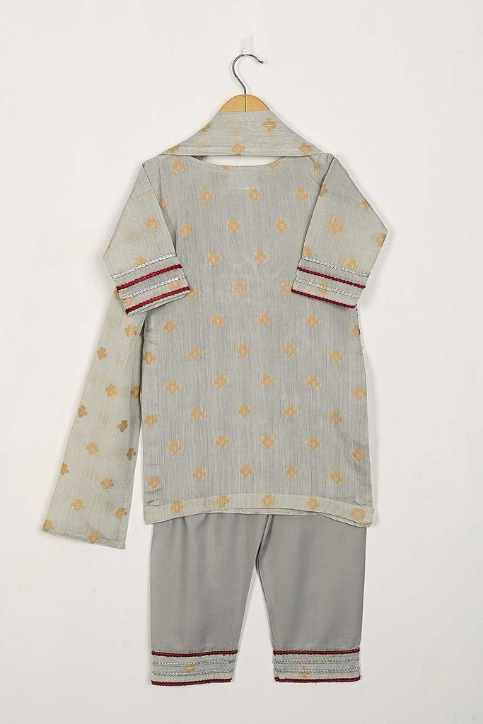 TKF-90-Grey - Kids 3Pc Jacquard Paper Cotton Embroidered Dress With Malai Trouser