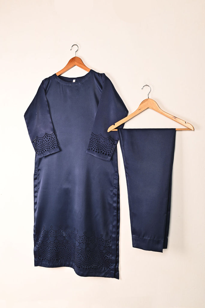 STP-188-Blue - 2Pc Silk Laser Cutwork Dress