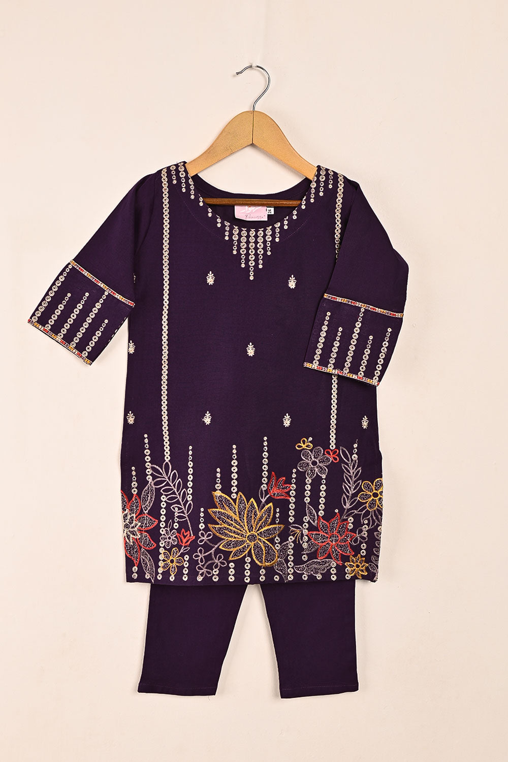 TKF-129-Purple- Kids 2Pc Cambric Embroidered Dress