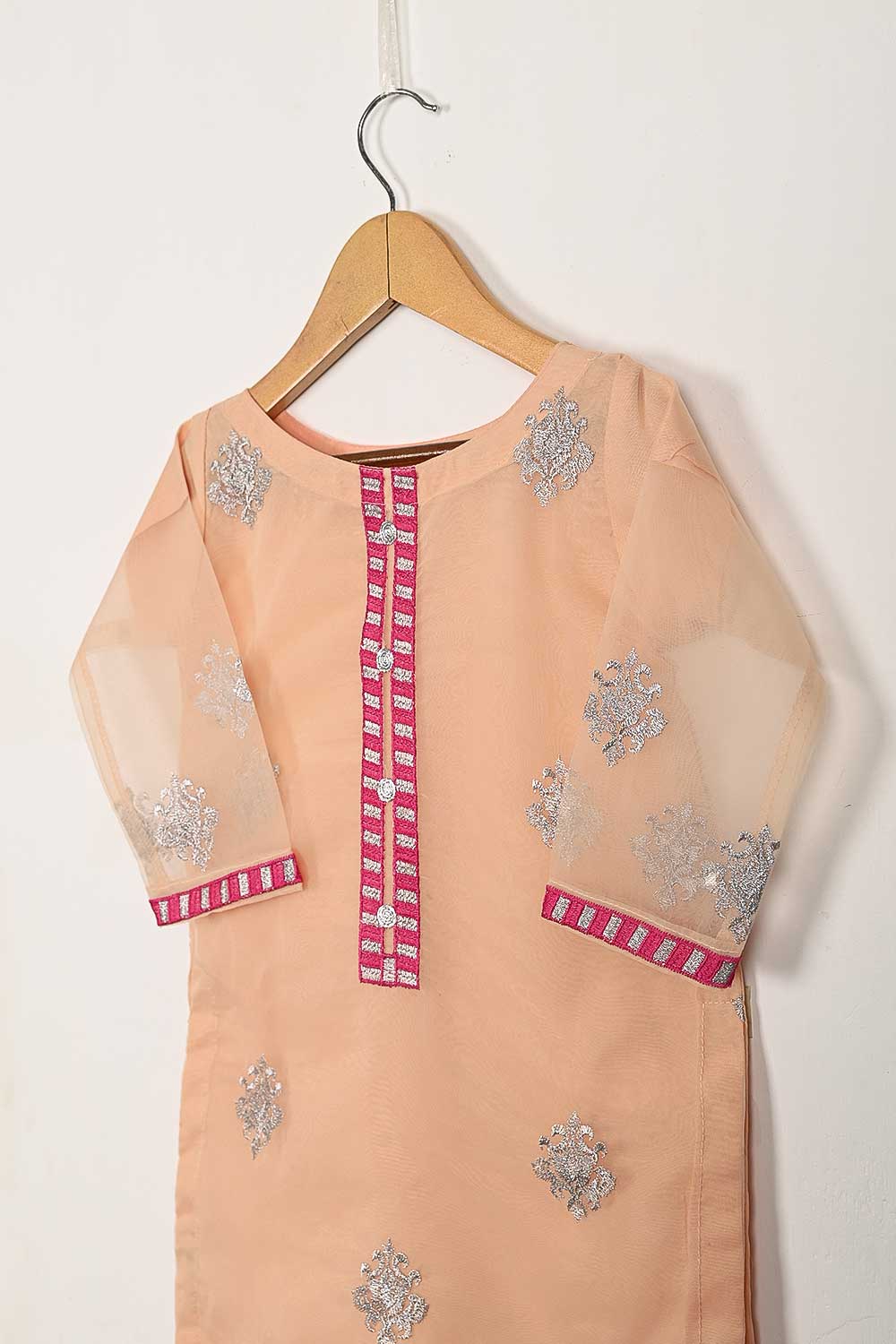 TKF-89-Peach - Kids 3Pc Organza Formal Embroidered Dress With Malai Trouser
