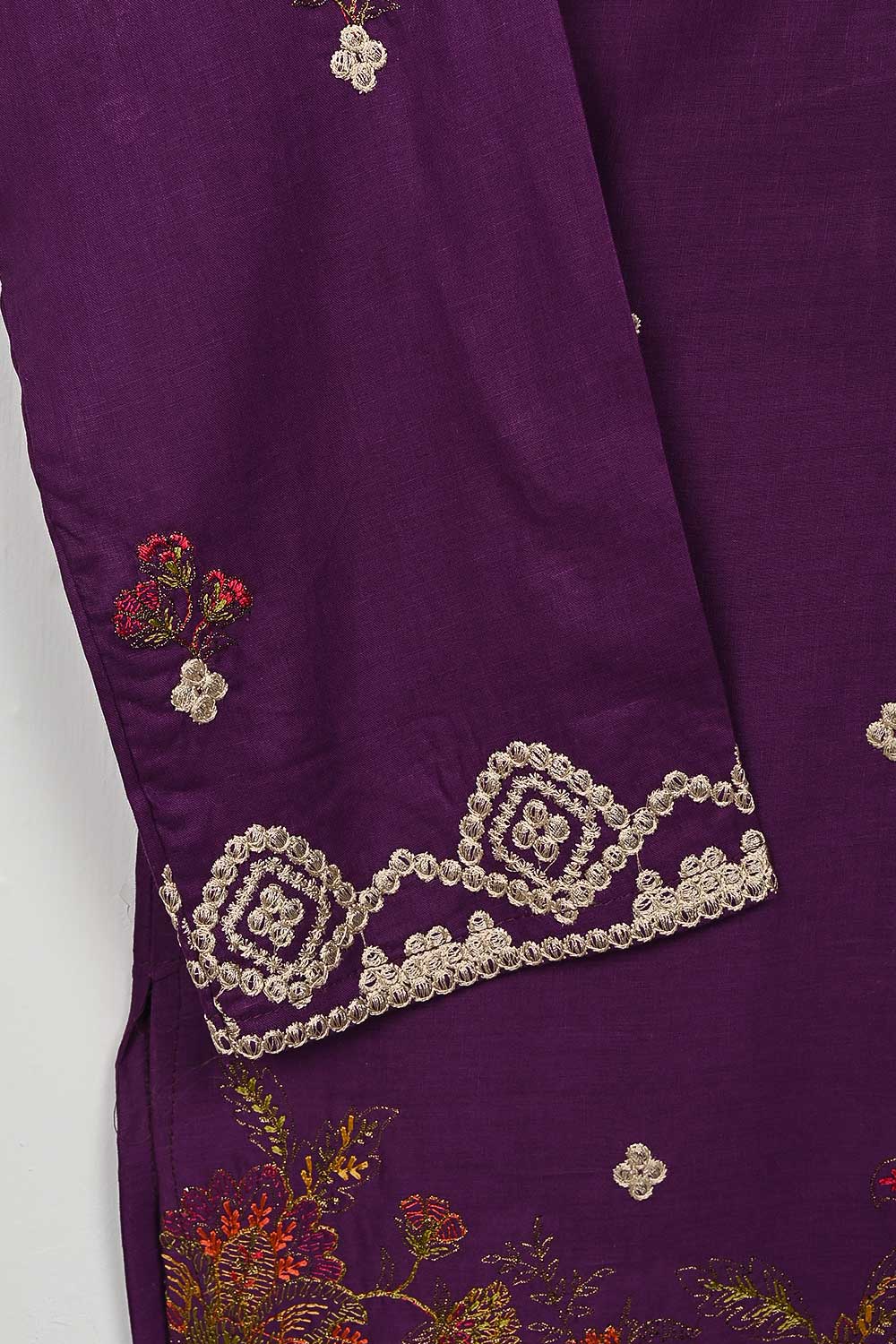 3SP-9B-Purple - 3PC COTTON EMBROIDERED Dress With Chiffon Embroidered Dupatta