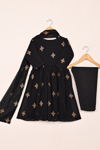 TKF-185-Black - Kids 3Pc Chiffon Embroidered Frock