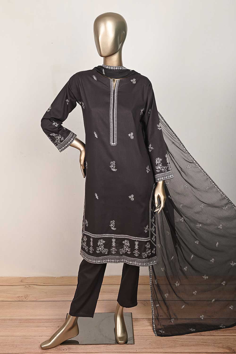 3SP-19B-GreyishPurple - 3PC COTTON EMBROIDERED Dress With Chiffon Embroidered Dupatta