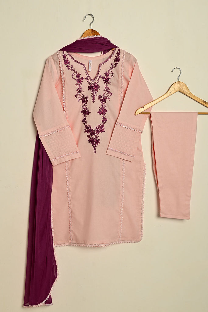 3SP-25B-Pink- 3PC COTTON EMBROIDERED DRESS