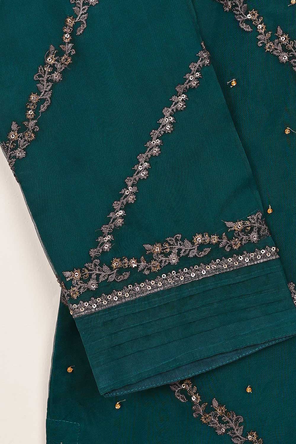 TS-235-Teal Green - Organza Embroidered Stitched Kurti