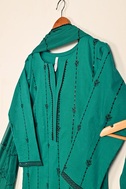 3SP-20B-Green - 3PC COTTON EMBROIDERED Dress With Chiffon Embroidered Dupatta