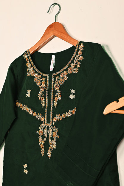 RTW-260-Bottle Green - 3Pc Ready to Wear Embroidered Premium Adda Work Organza Dress