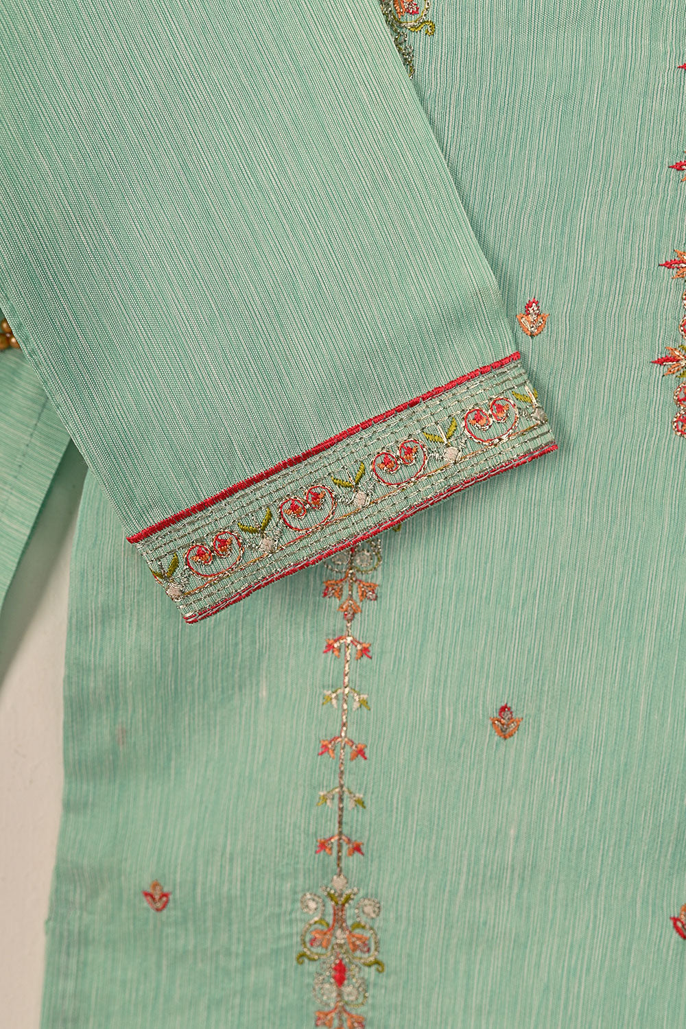 TKF-134-Sea Green - Kids 3Pc Ready to Wear Embroidered Slub Cotton Dress