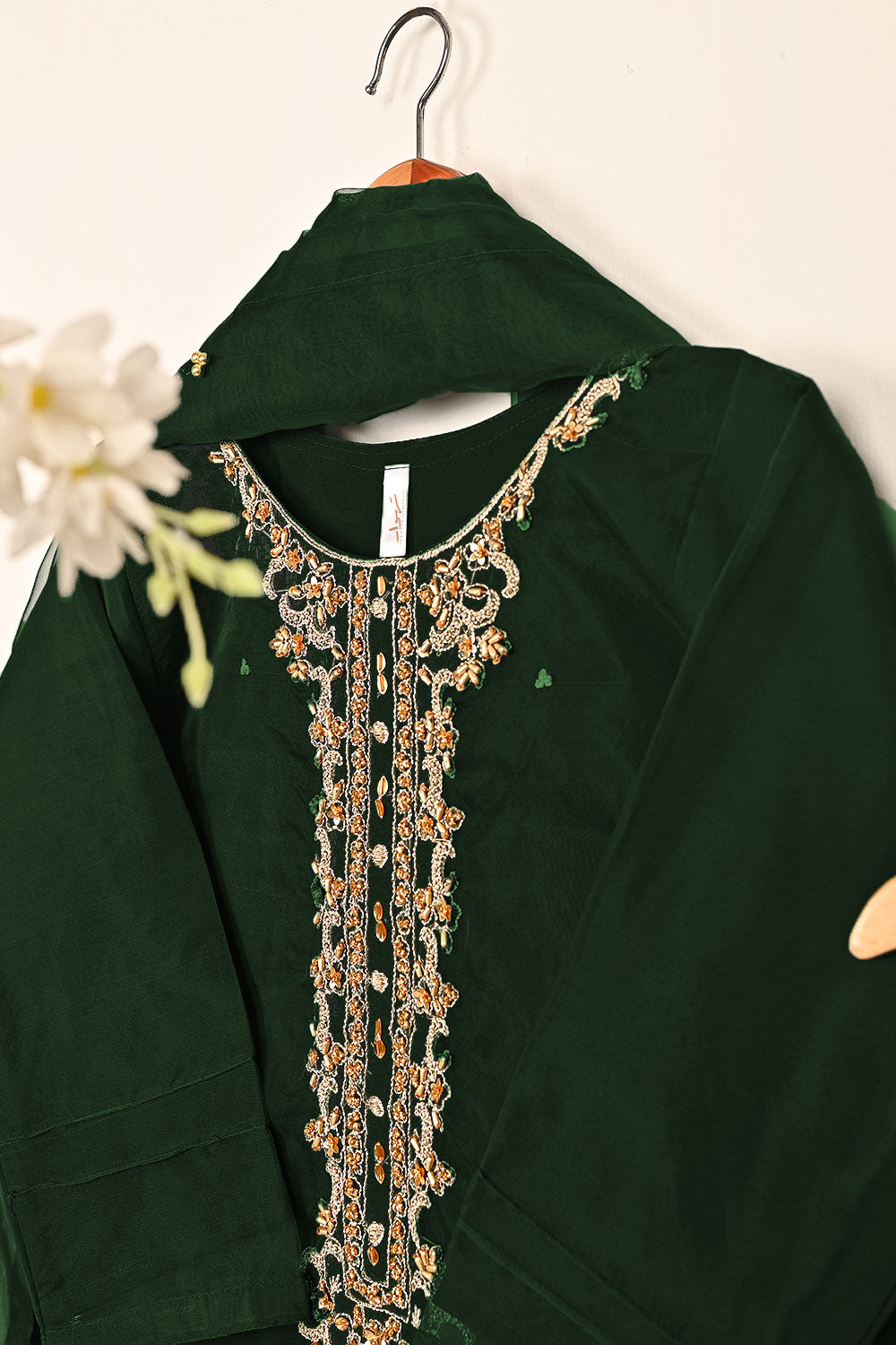 RTW-261-Bottle Green - 3Pc Ready to Wear Embroidered Premium Adda Work Organza Dress