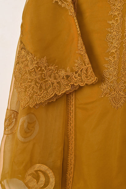 RTW-284-Mustard - 3Pc Ready to Wear Cut Work Embroidered Organza Dress