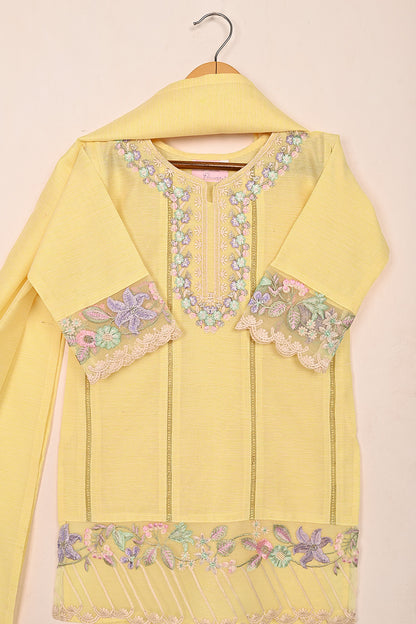 TKF-183-Yellow - Kids 3Pc Ready to Wear Paper Cotton Embroidered Formal Dress