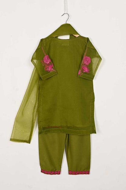 TKF-88-Moss - Kids 3Pc Organza Formal Embroidered Dress With Malai Trouser