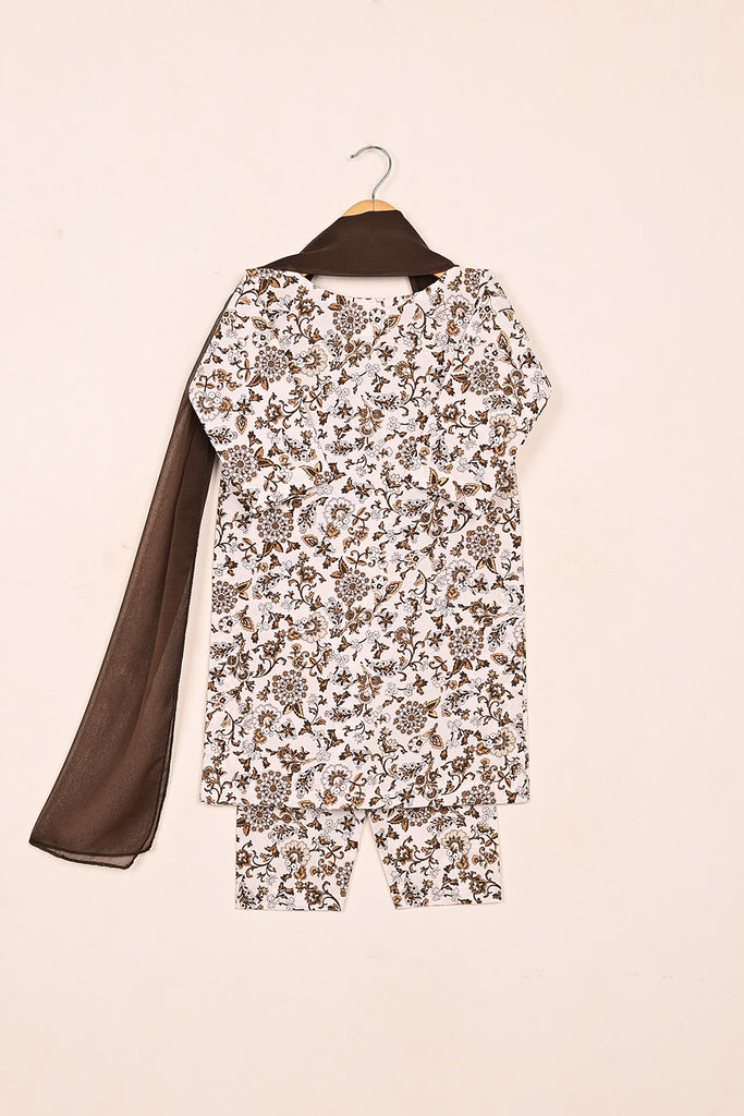 TKF-165-Brown - Kids 3Pc Ready to Wear Digital Printed Cotton Dress