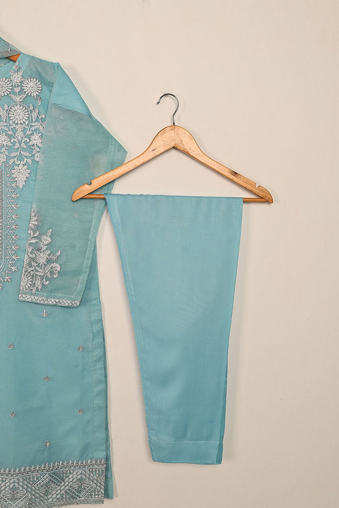 RTW-192-SkyBlue - 3Pc Ready to Wear 3Pc Javeria Net Embroidered  Dress