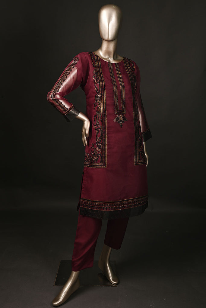 STP-180-Maroon - 2Pc Organza Embroidered Dress