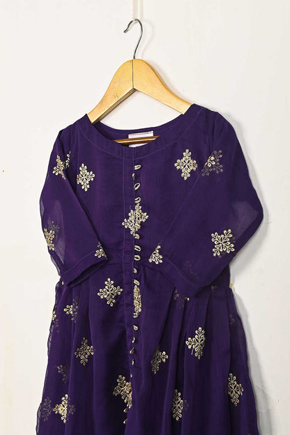 TKF-93-Purple - Kids 3Pc Chiffon Embroidered Frock