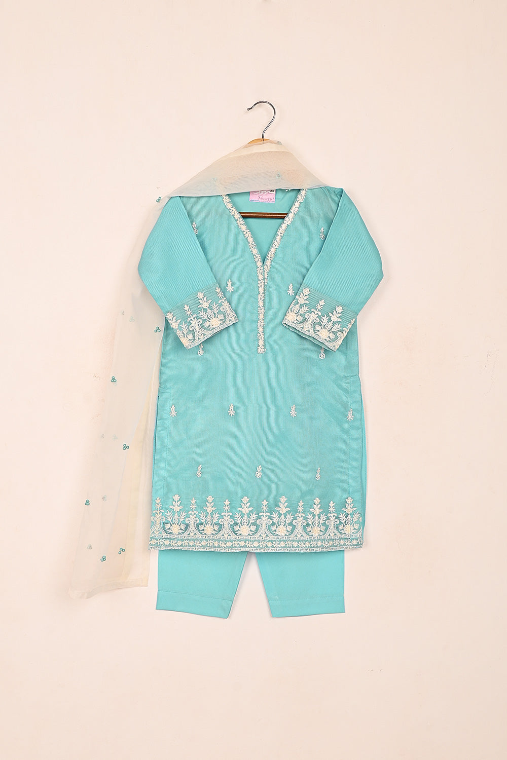 TKF-182-Sky Blue - Kids 3Pc Ready to Wear Javeria Net Embroidered Formal Dress