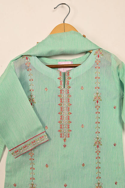 TKF-134-Sea Green - Kids 3Pc Ready to Wear Embroidered Slub Cotton Dress