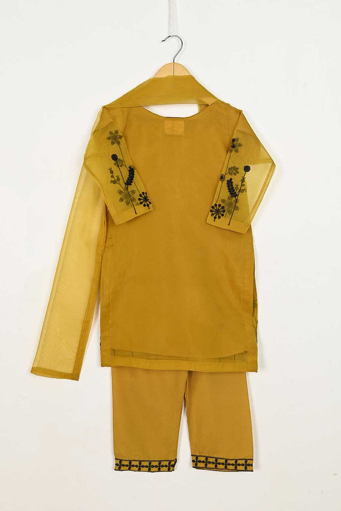 TKF-82-Mustard - Kids 3Pc Organza Formal Embroidered Dress With Malai Trouser