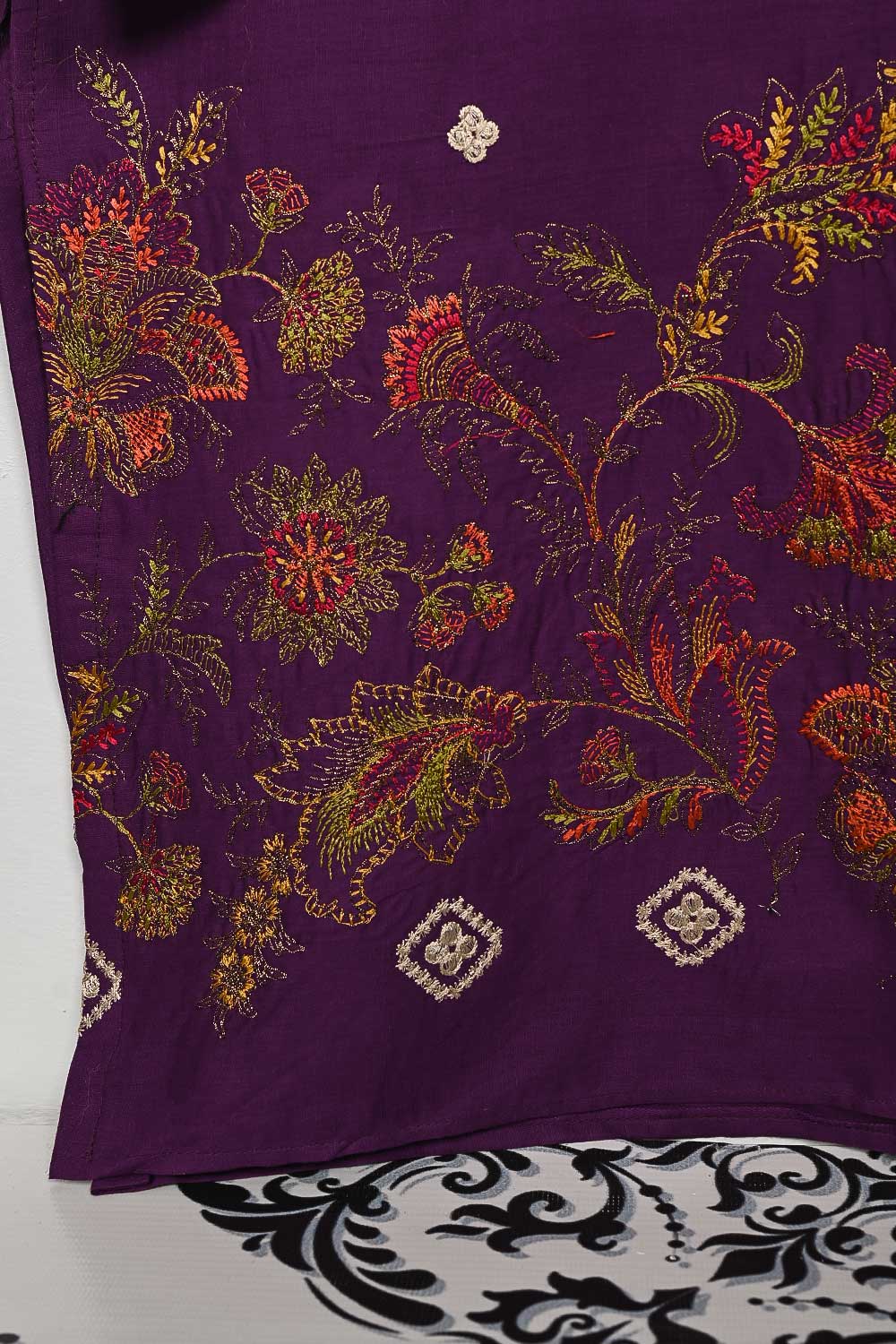 3SP-9B-Purple - 3PC COTTON EMBROIDERED Dress With Chiffon Embroidered Dupatta