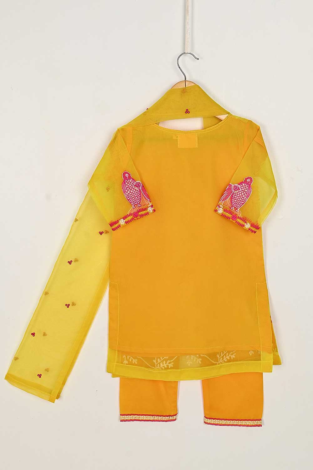 TKF-63-Yellow - Kids 3Pc Organza Formal Embroidered Dress With Malai Trouser