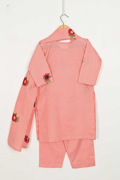 TKF-66-Peach - Kids 3Pc Pc Cotton Embroidered Dress With Cotton Trouser
