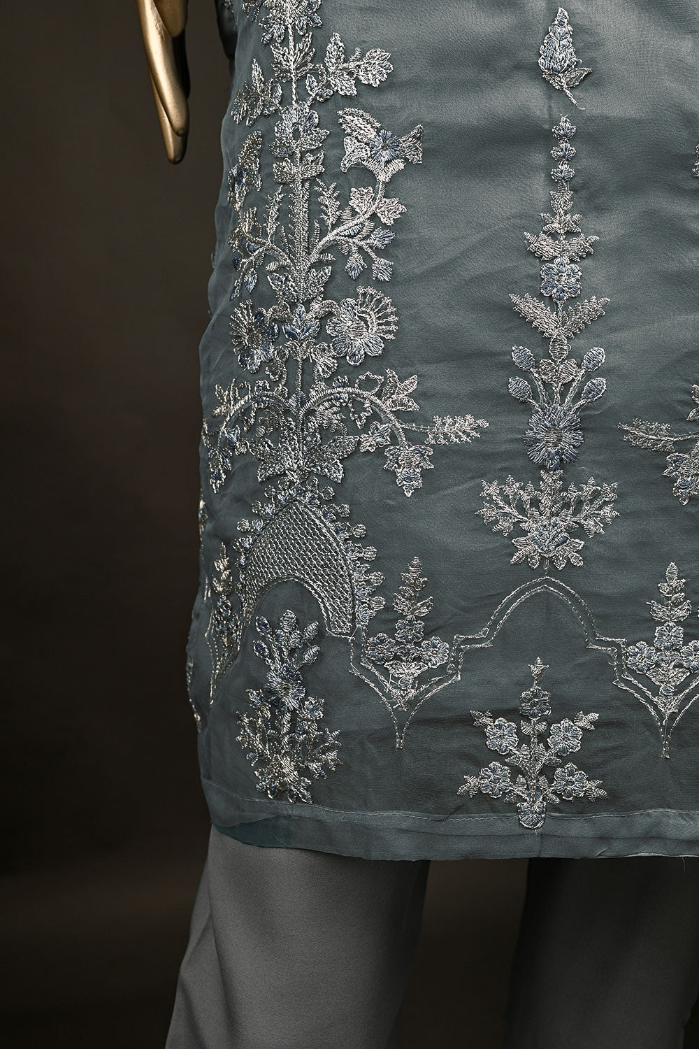 RTW-165-GreyishBlue - 3Pc Stitched Organza Embroidered Dress