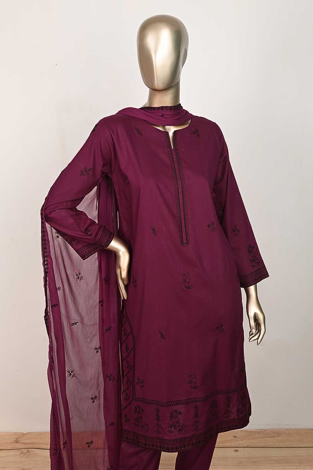 3SP-19A-Magenta - 3PC COTTON EMBROIDERED Dress With Chiffon Embroidered Dupatta