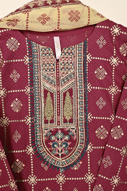 3SP-22B-Maroon - 3PC COTTON EMBROIDERED DRESS