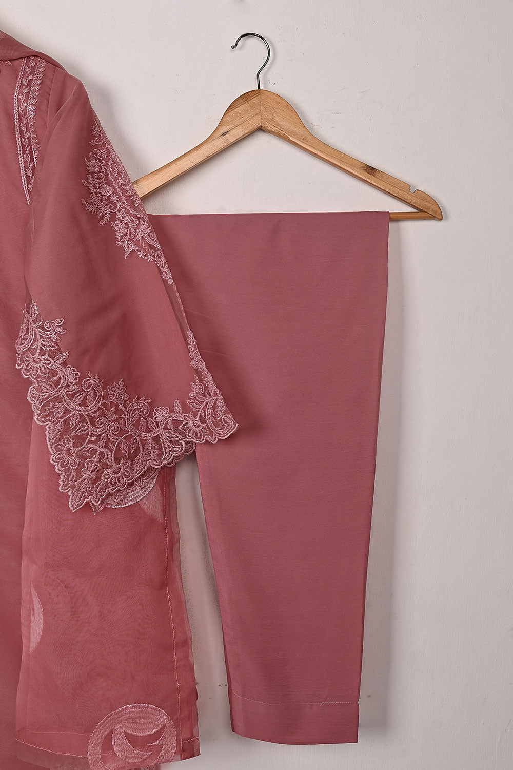 RTW-274-Tea Pink - 3Pc Ready to Wear Cut Work Embroidered Organza Dress