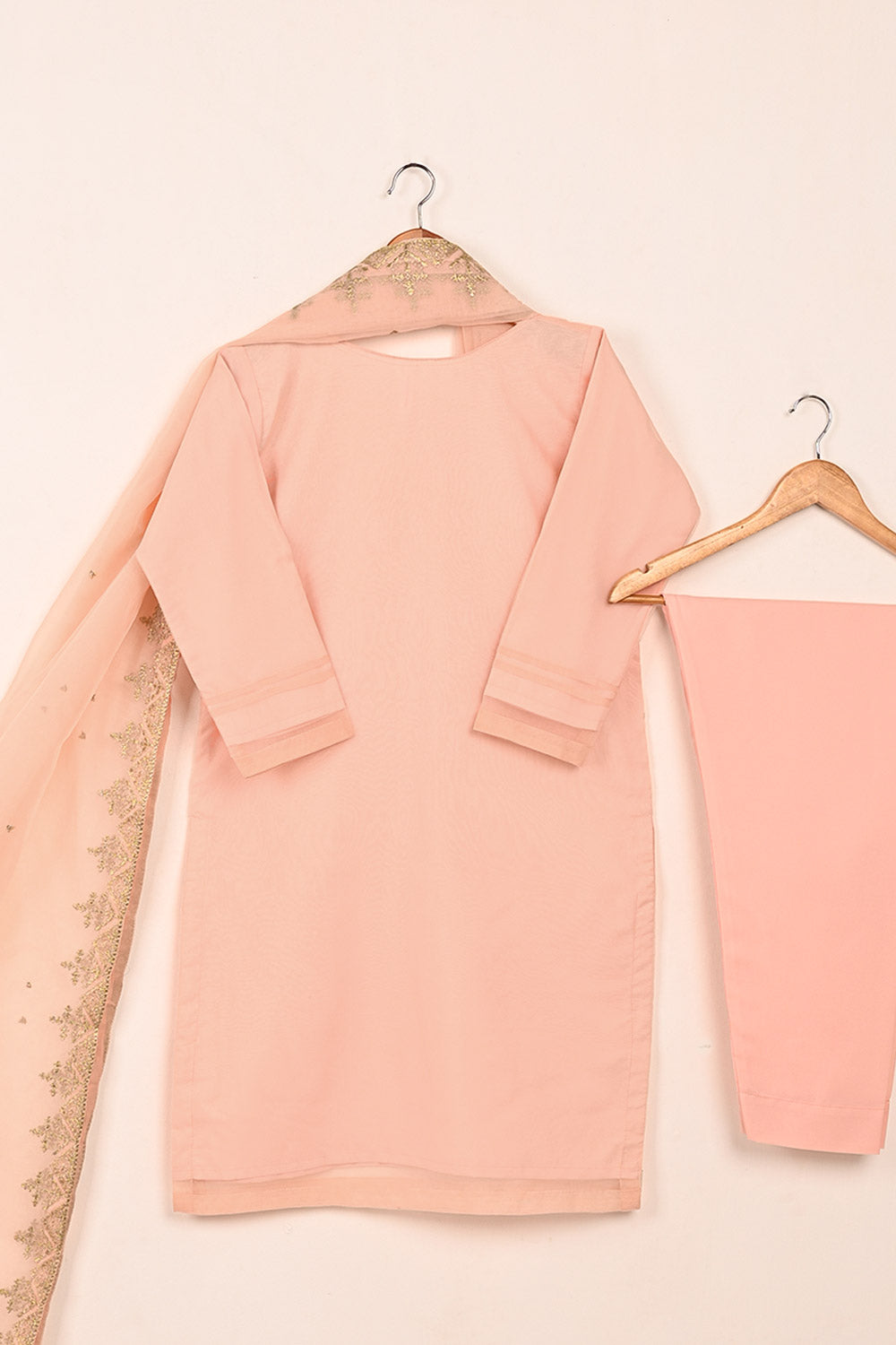 RTW-208-Peachy Pink - 3Pc Ready to Wear Embroidered Adda Work Organza Dress