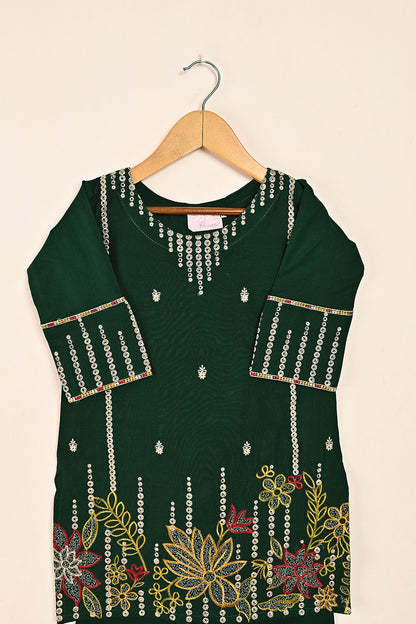 TKF-128-Green-Kids 2Pc Cambric Embroidered Dress