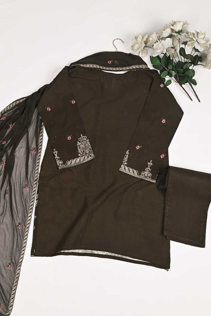 3SP-17B-Brown - 3PC COTTON EMBROIDERED Dress With Chiffon Embroidered Dupatta