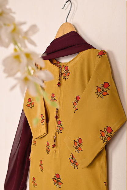 TKF-187-Mustard  - Kids 3Pc Ready to Wear Silk Printed Dress