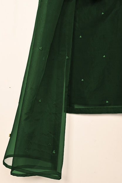 RTW-261-Bottle Green - 3Pc Ready to Wear Embroidered Premium Adda Work Organza Dress