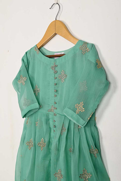 TKF-92-SeaGreen - Kids 3Pc Chiffon Embroidered Frock