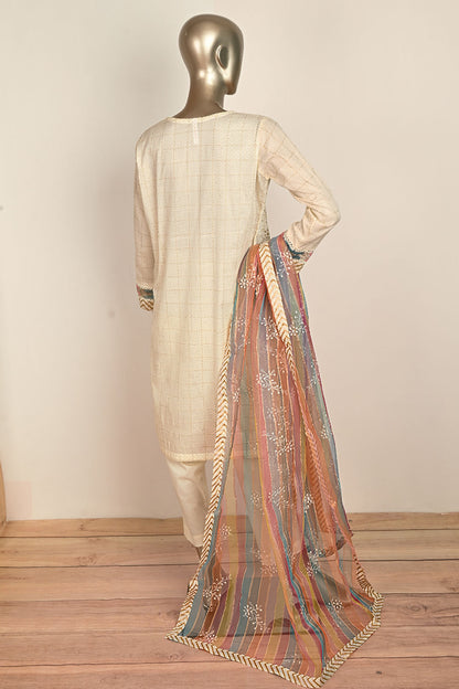 3SP-21B-Cream- 3PC COTTON EMBROIDERED Dress With Printed Organza Dupatta