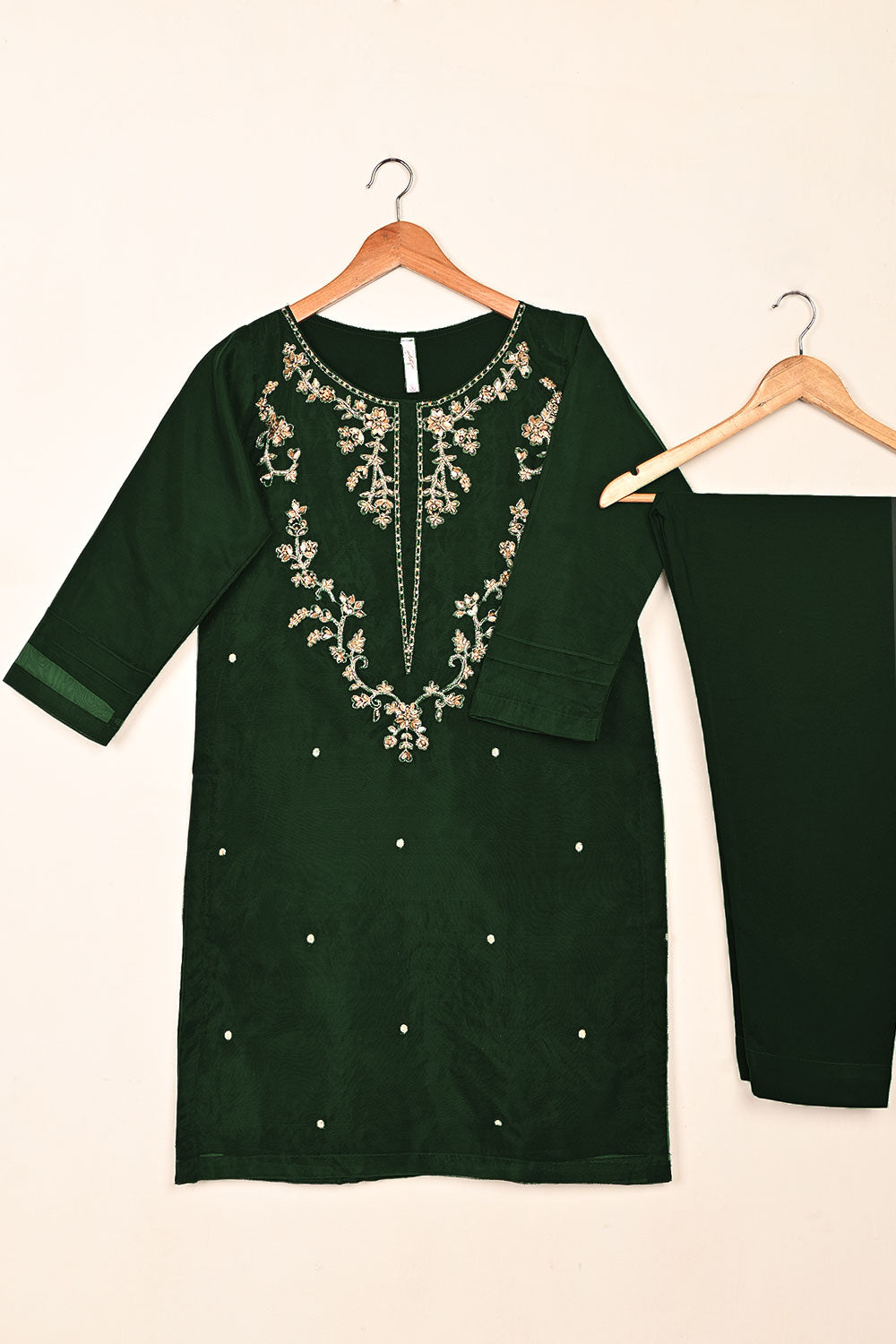 RTW-262-Bottle Green - 3Pc Ready to Wear Embroidered Premium Adda Work Organza Dress