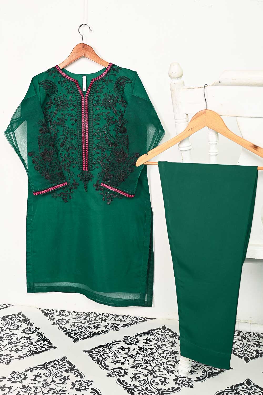 STP-141A-Green - 2Pc Organza Embroidered With Malai Trouser