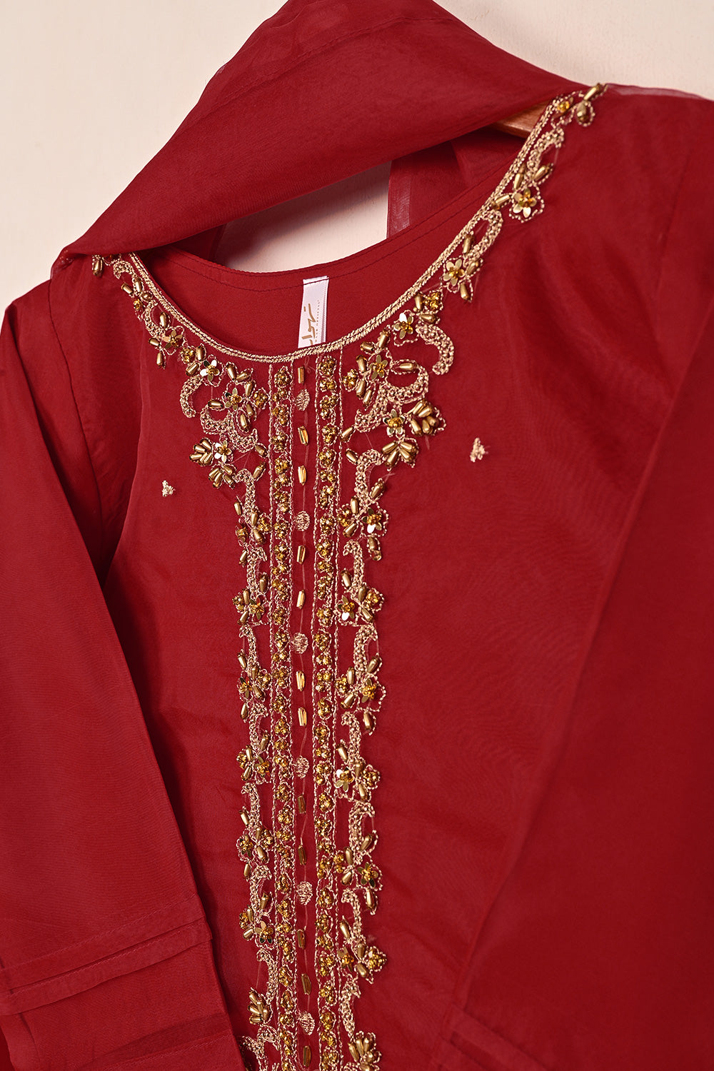 RTW-248-Red - 3Pc Ready to Wear Embroidered Premium Adda Work Organza Dress