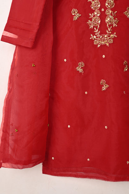 RTW-255-Red - 3Pc Ready to Wear Embroidered Premium Adda Work Organza Dress