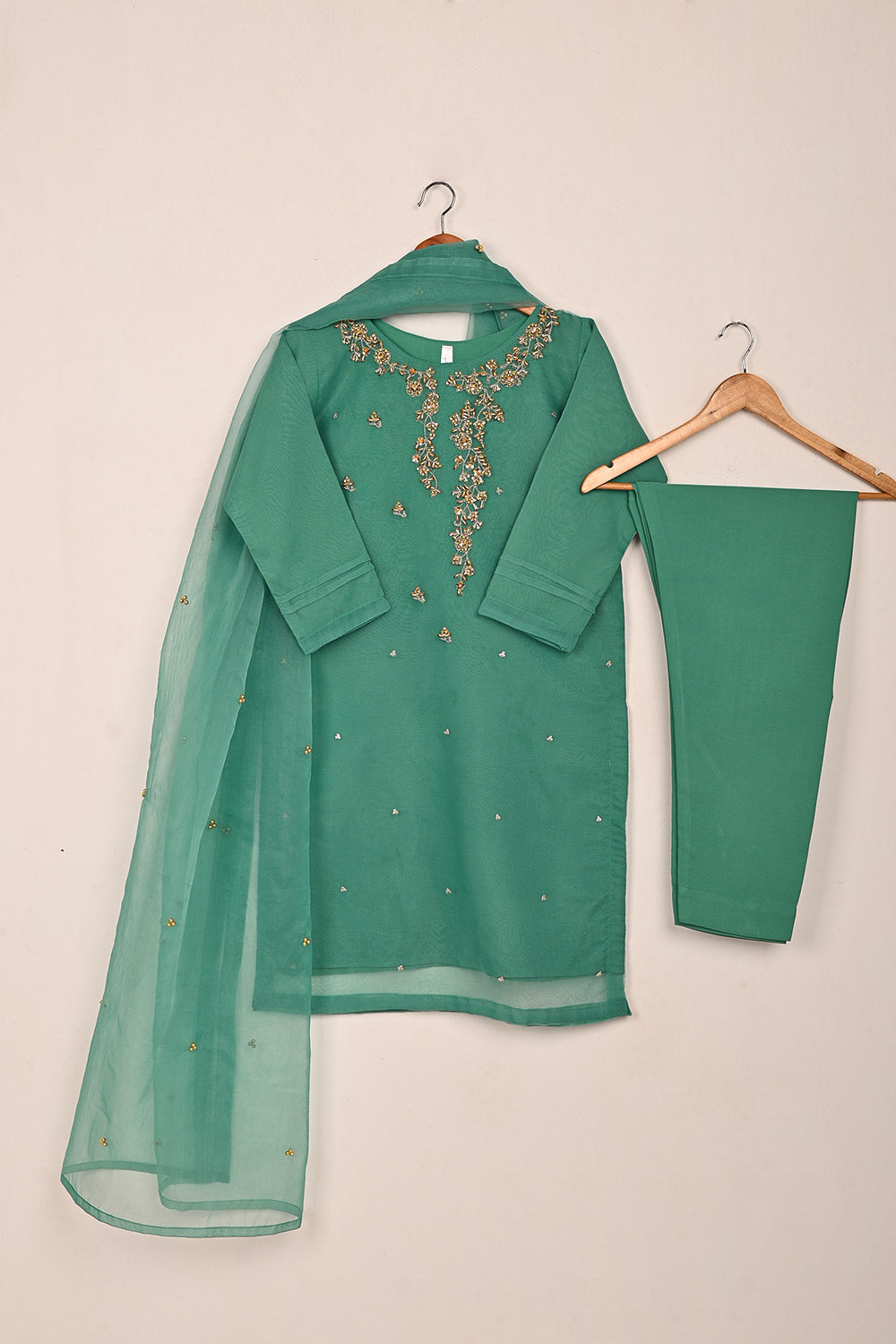 RTW-237-Sea Green - 3Pc Ready to Wear Embroidered Premium Adda Work Organza Dress