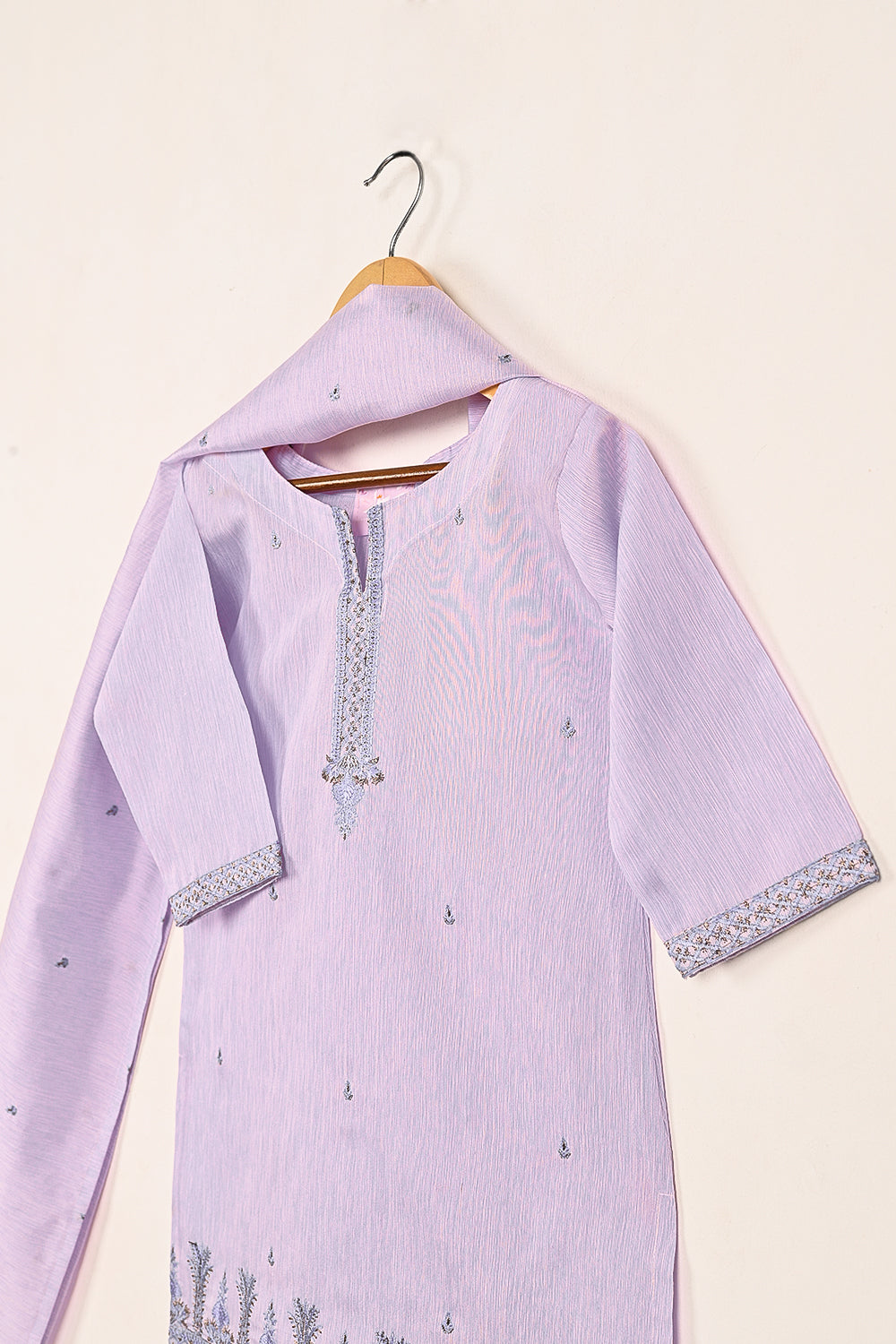 TKF-140-Purple - Kids 3Pc Ready to Wear Embroidered Paper Cotton Slub Dress