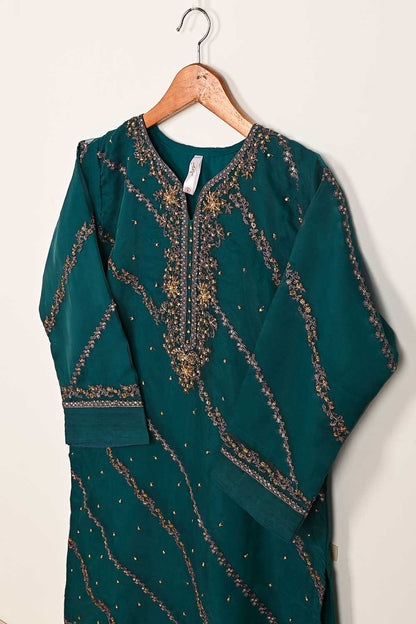 TS-235-Teal Green - Organza Embroidered Stitched Kurti